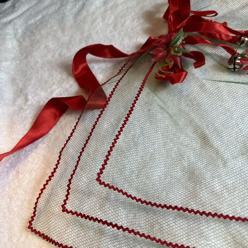 Christmas Apron Poinsettia And Jingle Bells Green Red Vtg MCM Retro Sheer Half